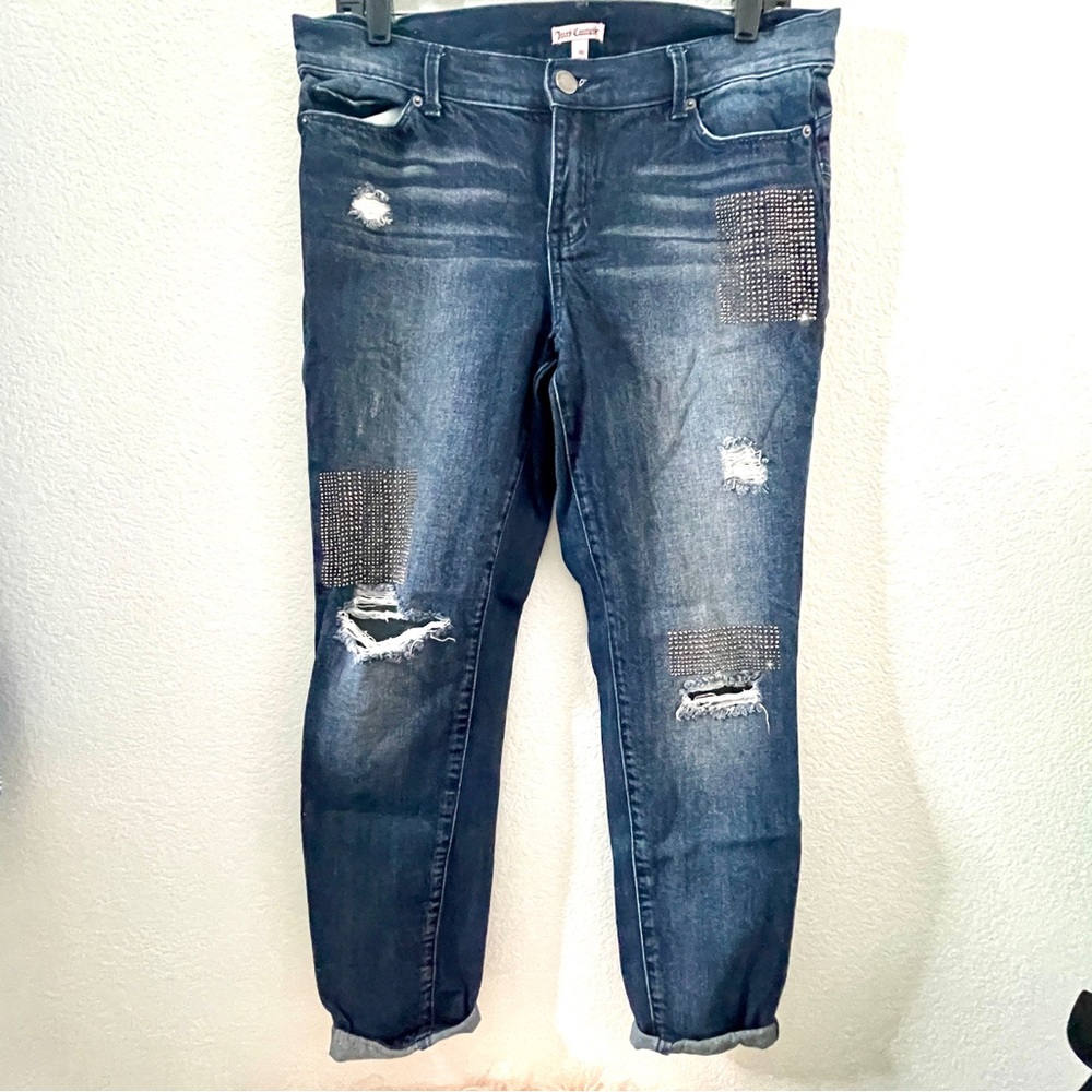 Juicy Couture torn boyfriend jeans with ankle cuffs and studs-some missing